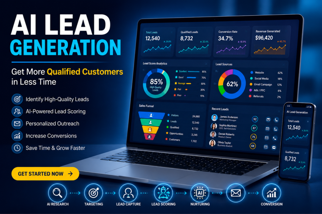 AI Lead Generation dashboard showing automated lead scoring, customer insights, and qualified sales leads.